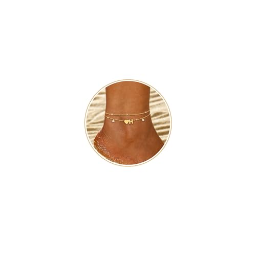 Image of Gold Silver Ankle Bracelets For Women 14k Gold Plated Initial Anklets For Women Waterproof Non Tarnish Dainty Layered CZ Letter A-Z Heart Charm Anklet Set Summer Beach Foot Chain Jewelry Gift