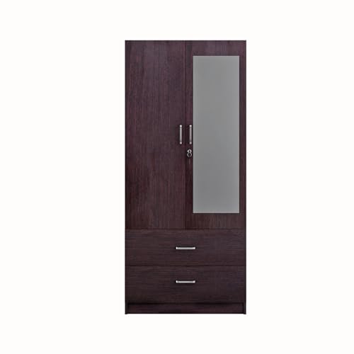 Image of VIKI Wardrobe | Albarracin Wardrobe | Wooden Almirah for 2 Door Wardrobe with 2 Drawer & Hanging Space with Mirror (Dark Wenge - 40D x 80W x 180.8H) | 1 Year Warranty | Free Assembly