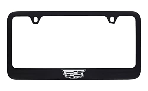 Cadillac Crest Metal License Plate Frame Tag Holder - Black Powder Coated with Exposed Chrome