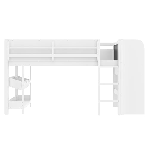 Image of Twin Loft Bed with Multi-Storage Bookcases, Boxes and Drawers, Solid Wood Low Loft Beds with Desk and Blackboard, No Box Spring Needed (White-01)