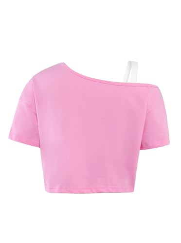 Image of Girls Off The Shoulder Tops Asymmetrical Short Sleeve Crop Top Cute Summer Tee Shirts