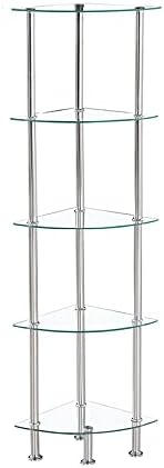 Modernique Glass Shelf Tier Storage Unit, Corner in Black or Clear Glass with Chrome Stand, Shelving Unit (Clear, Tier 5)