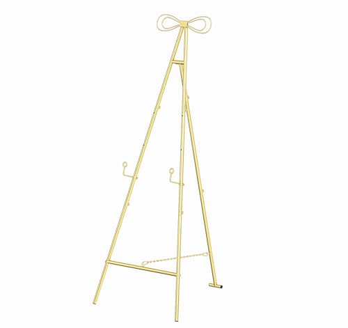 petour Gold Easel Stand for Sign with Bow Top, High Adjustable Easel Metal Easel for Display with Chain Support Display Stand for Sign Wedding Picture Frame Mirror,Round Tube