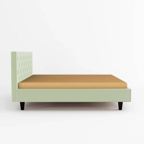 Image of Wooden Modern Upholstered King Size Bed for Bedroom | Wooden Double Bed Without Storage | Platform Cot Upholstered Bed with Upholstery Fabric | Engineered Wood | 6.5 x 6 Ft | Light Green