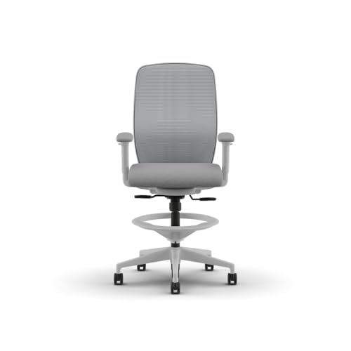 Image of HON Nucleus Task Stool, Ergonomic Office Chair, Home Office Desk Chairs, Synchro-Tilt with Seat Slider, Adjustable Footring, Height-Width Adjustable Arms, Fog Mesh, White Frame, Aspen