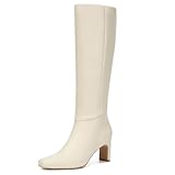 Athlefit Knee High Boots Women Chunky Heel Square Toe Tall Boots for Women High Heel Beige Booties Size 8