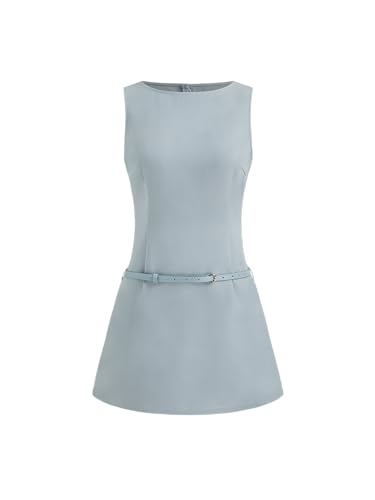 CIDER Mini Dress Sleeveless A Line Boat Neck Low Waist Elegant Party Short Belted Dresses Casual