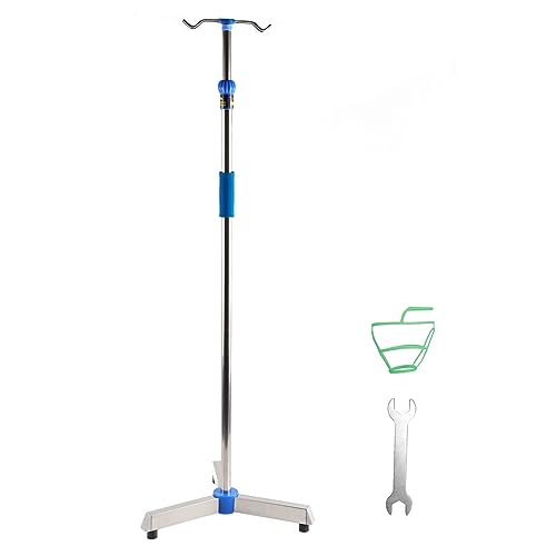 Poteau de support pour perfusion à hauteur réglable avec base à roulettes et tige épaisse en acier