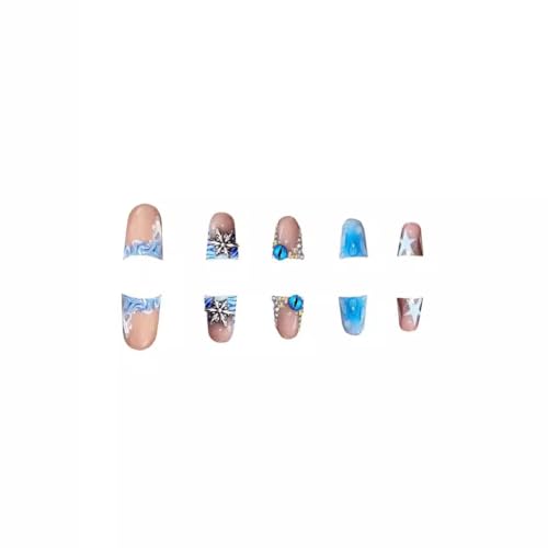 Image of Blue Duck Nail Press ons Star Fake Nails Water Drop with Design Spindrift Glue on Nails French Tip Press on Nails Glossy Artificial Acrylic Nail Eye Rhinestone Stick on Nail for Women Manicure 24Pcs