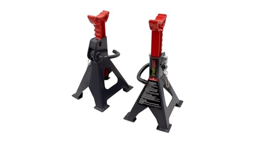 KROFTOOLS Soportes de Gato Tipo Caballete con Pino de Seguridad, Negro con Rojo, Acero, 3000kg Capacidad de Carga, 43cm Altura Máxima, Par de 2 Piezas con Mecanismo de Trinquete