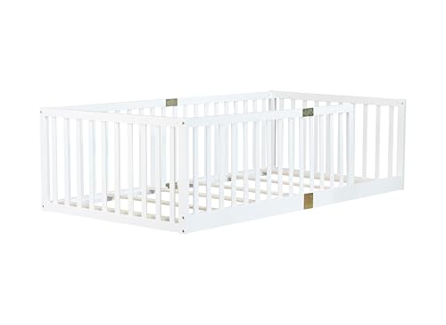 Image of Bellemave Twin Size Kids Montessori Floor Bed Frame with Slats,Solid Wood Floor Bed Frame with High Fence for Kids,Girls,Boys,White