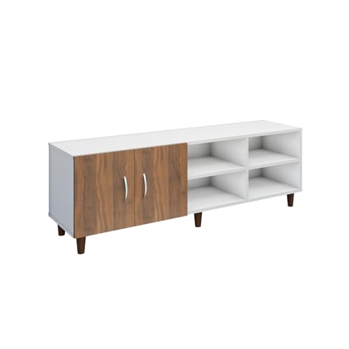 Image of VIKI Modern TV Unit for Living Room | Engineered Wood TV Cabinet with 2 Door Storage & 2 Open Shelves, Entertainment Unit, 140W x 48H x 40D cm | DIY | 1 Year Warranty (White & Walnut)