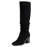 Athlefit Womens Knee High Chunky Heel Boots Faux Suede Pointed Toe Side Zipper Black Boots Size 7