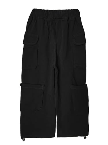 Image of Girls Vintage Multiple Pockets Cargo Pants Wide-Leg Casual Straight Streetwear, 6-14 Years Black 11-12Y