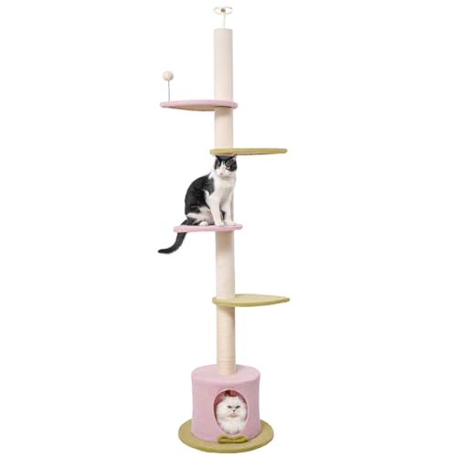 Max & Marlow Cat Tree Floor to Ceiling Cat Tower Height 95-108 Adjustable Kitten Tree Tall Climbing Tree with Carpet Scratching Post and Mat Cat Pole for Indoor Cats Pink