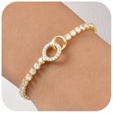 Interlocking Circles Tennis Bracelet for Women - 14K Gold Plated Cubic Zirconia Link Bracelet, Adjustable Dainty Minimalist Chain Design, Trendy Anniversary Birthday Christmas Jewelry Gift for Her