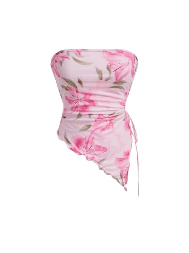 WDIRARA Women's Floral Mesh Strapless Side Ruched Tube Top Asymmetrical Hem Bandeau Crop Tops