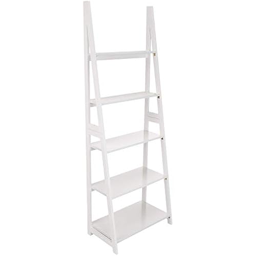 Amazon Basics 5-Tier Ladder Bookshelf Storage Organizer for Small Space, Easy to Assemble, Solid Rubberwood Frame, White Finish, 14D x 24.8W x 70.1H in