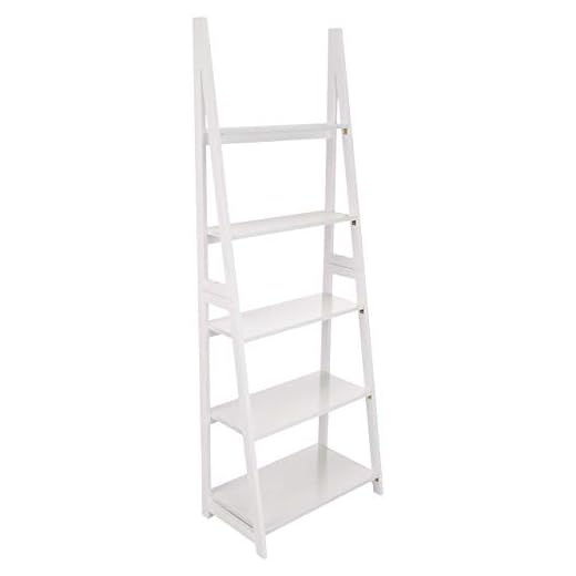 Amazon Basics Modern 5-Tier Ladder Bookshelf Organizer, Solid Rubberwood Frame, White, 14 D x 24.8 W x 70.1 H in