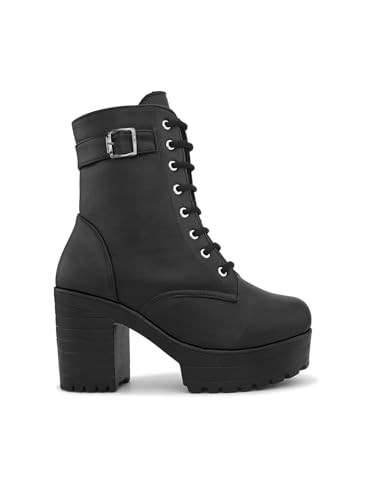 Image of XE Looks 100% Vegan Leather Women's Lace-Up Chunky Heel Ankle Boots with Buckle Detail | Trendy, Lightweight, Stylish, Comfortable and Soft, Trendy Heel Boots for Girls & Women