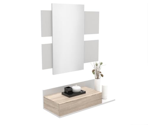 DORMIDAN- Recibidor con Espejo MOD2, Mueble de Entrada, cajón y balda en Dos Alturas (Blanco cajón Roble)