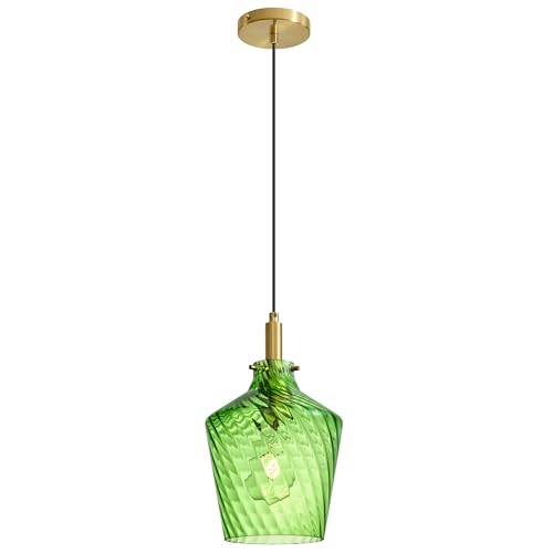 Image of Stripes Green Glass Pendant Light for Kitchen Island Gold 8 Inch 1 Pack