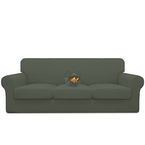 Image of Easy-Going Waterproof 4 Pieces Couch Cover for 3 Cushion Grayish Green | 100% Dual Waterproof Sofa Slipcover for 3 Separate Cushion Couch Leakproof Furniture Protector for Kids, Pets