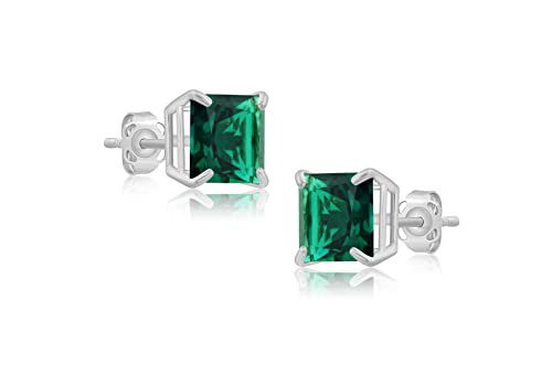 14K White Gold Princess Cut Created Green Emerald Square Stud Earrings For Women 7Mm Solitaire May Birthstone With Push Backs By Max + Stone #TOP2