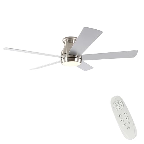 FINXIN Indoor Low Profile Ceiling Fan Brushed Nickel LED 52 Ceiling Fans For Bedroom,Living Room,Dining Room Including DC Motor,Light,5-Blades