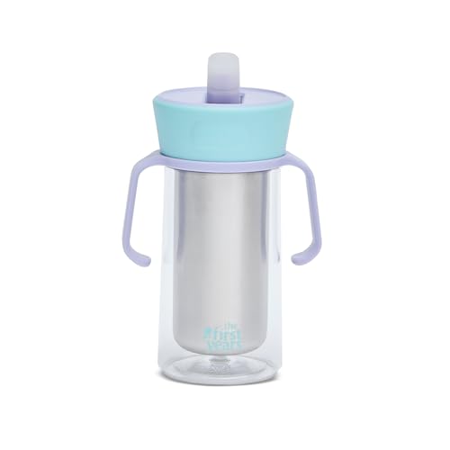 The First Years CoolCore Stainless Steel Straw Cup - Insulated Leak Proof Sippy Cup Trainer Converts to Toddler Water Bottle - Pop to Sip Design with Improved Flow - Light Blue/Light Purple - 8 Ounces