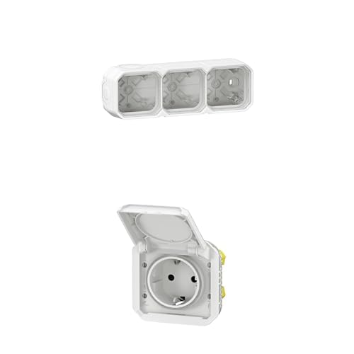 LEGRAND, Plexo New Feuchtraum Aufputzdose 3-fach, horizontal/vertikal installierbar, Weiß, 069688L+3x Plexo New Einsatz, Steckklemmen, Feuchtraum-Steckdose, IP44 - IK08, Weiß, 069640L