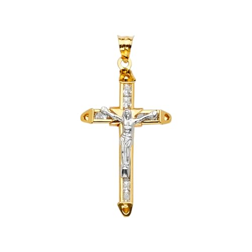 Collar con colgante de cruz de oro blanco y oro amarillo de 14 quilates con circonita cúbica de imitación de diamante de imitación de crucifijo de fe religiosa, 19 x 36 mm, joyería para mujer, Piedra