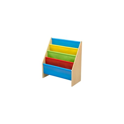 Image of Delta Children Sling Book Rack Bookshelf, 4-Tier Wooden Shelf with Soft Fabric Pockets, Ideal for Playroom, Living Room, Basement, or Bedroom
