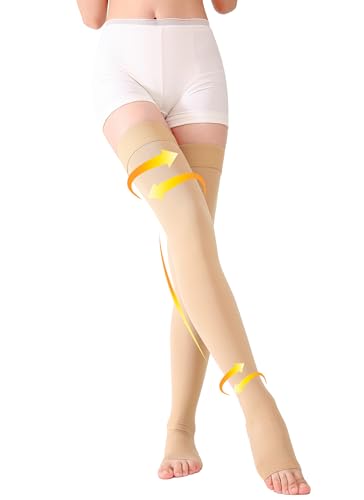 Image of TOFLY 1 Pair Thigh High Open Toe Compression Stockings 15-20mmHg-Comfortable Unisex Design with Silicone Dot Band -Beige, X-Large