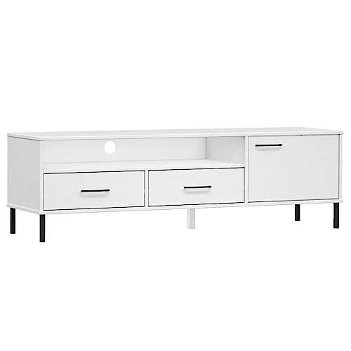 Foknhdi Mueble de TV Oslo Lowboard blanco, mesa de televisión de madera maciza de pino con patas metálicas, mueble de TV con cajones y espacio de almacenamiento, 158 x 40 x 46,5 cm