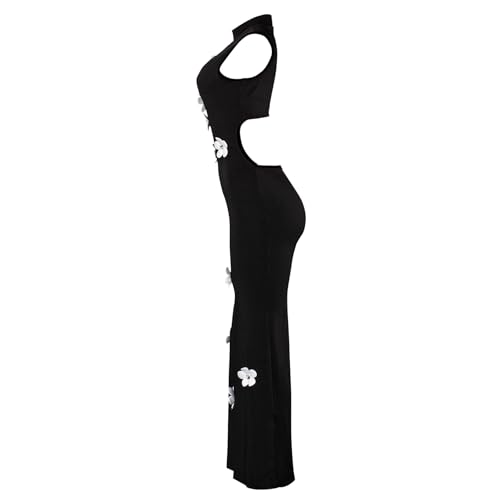 Women Sexy Mock Neck Sleeveless Bodycon Maxi Dress Cut Out Backless 3D Flower Tank Long Party Dress3