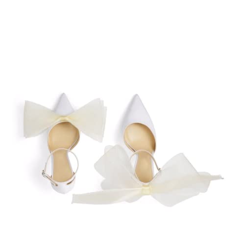 Keleimusi Womens Wedding Pumps With Asymmetric Grosgrain Mesh Fascinator Bows Ankle Strap Dress Sandals White thumb #1