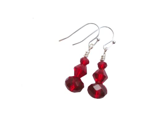 Handmade Casual Wear Jewelry by Bad Apple Design - Ruby Siam Red Cherry Faceted Earrings Nickel & Lead Free Crystal June Birthstone Silver Beads