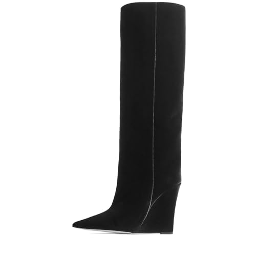 THESHY Women‘s Pointed Toe Knee High Boot Wedge Metallic High Heel Thigh High Boot Patent Leather Pull on Shoes