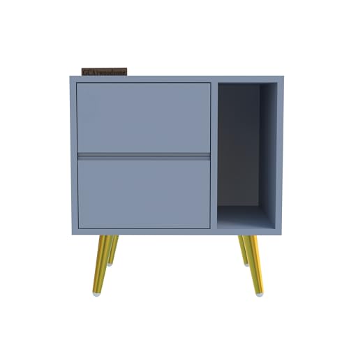 Image of Wooden Bedside Table for Bedroom | Wooden Bed Side Nightstand Lamp Table with 2 Drawers & Open Shelf Storage for Home & Hotels | HDMR Premium Wood & Iron Legs(Matte Slate Blue)