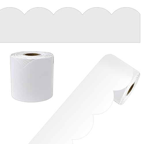 Carson Dellosa 65Ft of White Bulletin Board Borders, 1 Roll of Scalloped Trim for Rolling Whiteboard, Cork and Posterboard, Party, Office Decorations, and Classroom Decor