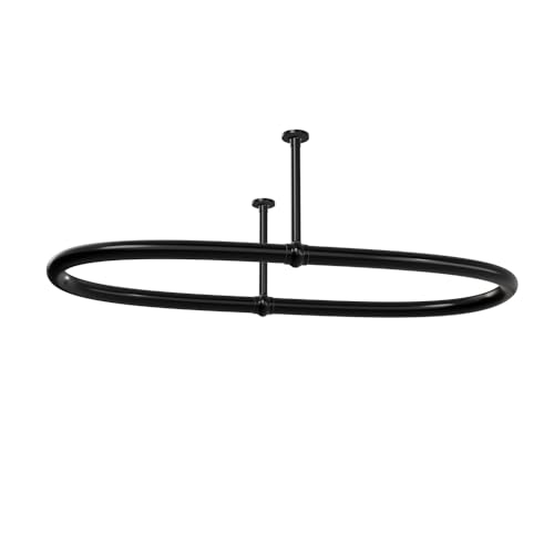 SATOH Oval Shower Curtain Rod for Bathroom Ceiling Mounted Low Carbon Steel Shower Curtain Rail for Clawfoot Tub Black Curtain Rod with Adjustable Ceiling Support - 43x25 Inch(Free Curtain Hooks)