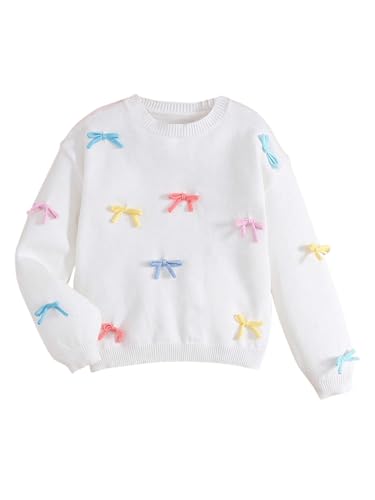 WDIRARA Girl's Cute Bow Appliques Sweater Crew Neck Long Sleeve Pullover Knitwear