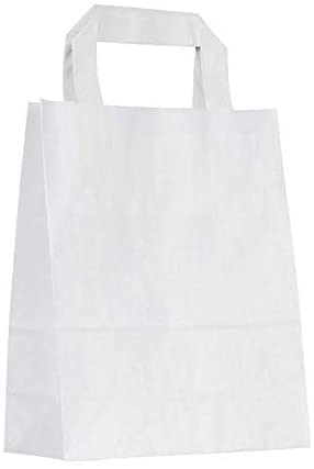 50 Pcs Kraft White Paper Bags with Handles | 18.0 x 22.0 x 9.0 cm | White Shopping Gift Bag with Flat Handles for Party Favor, Packaging, Customization, Carry, Retail, Merchandise, Wedding