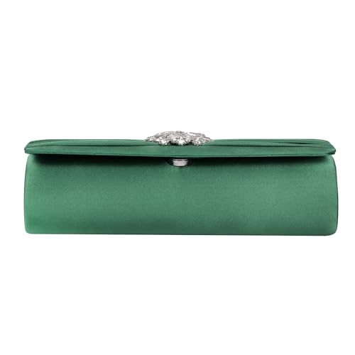 Image of Evening Bags For Women Pleated Satin Rhinestone Brooch Prom Clutch Purse With Detachable Chain Strap