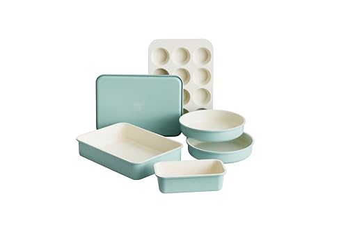 GreenLife 6 Piece Nonstick Bakeware Set, Non-Toxic PFAS-Free Ceramic Oven Pans, Dishwasher & Oven Safe to 450°F, Easy Release Baking Sheet, Loaf Pan, Rectangle & Round Cake, Muffin Pan, Turquoise