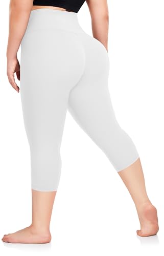 Plus Size Capri Leggings for Women- XL-4XL High Waist Tummy Control Stretchy Workout Yoga Pants Plus Capris(White-Capri/XX-Large)