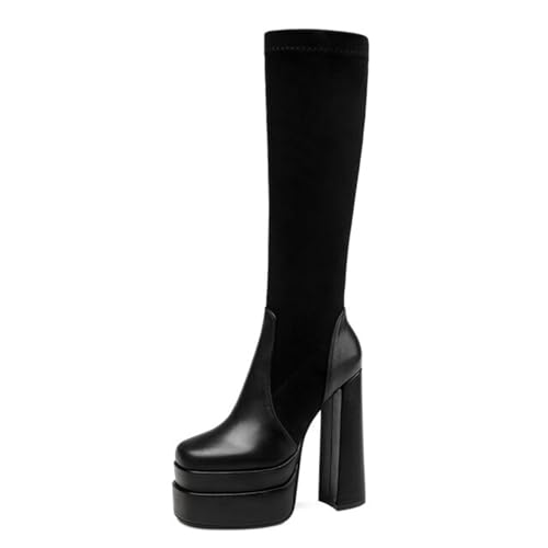 Bottes hautes en velours de prestige avec talon épais de 15 cm et plateforme