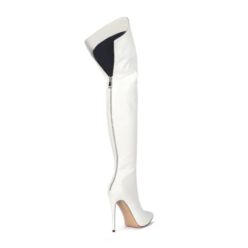 Image of Thigh high boots for women striped Back zipper Burgundy Zebra Print Over the knee Sexy gold white pointed toe Cow Print leopard Magenta stiletto heel
