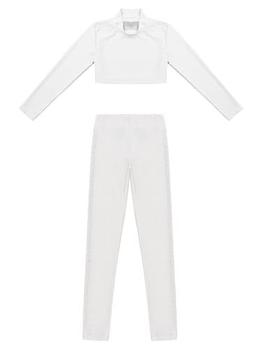 Children Girls Piece Gymnastic Ballet Outfit Long Sleeve Mock Neck Crop Top With Rhinestones Leggings Set4